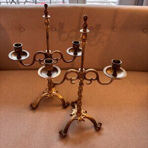 Pair of Vintage Brass Jacobean Style Candelabras 17.5”